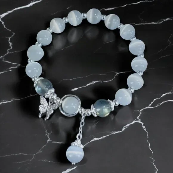 🆕 fake Moonstone & Aquamarine Beaded Bracelet With Butterfly Charm - Picture 2 of 4